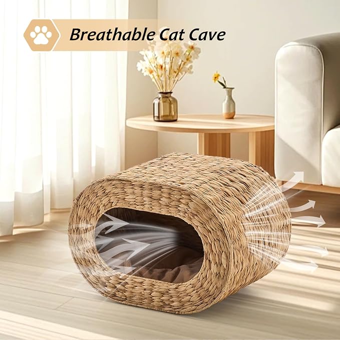 Cat House,Handwoven Cat Cave Pet Cube, Natural Cat Beds Indoor Kitten House with Double-Sided Soft Cushions, Pet Cat House for Multiple Cats, for Living Room Bedroom - Image 3