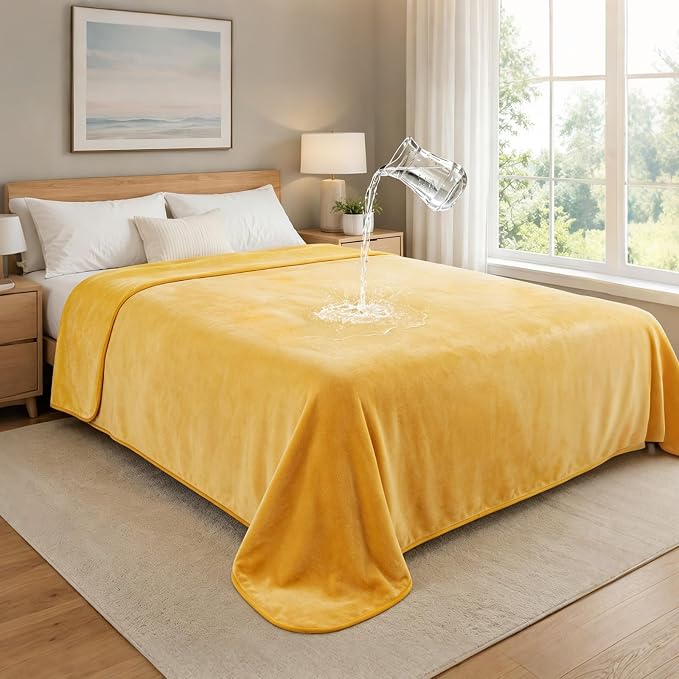 LOOBANI Waterproof Blanket for Bed, Flannel Twin Size 60"x80", Yellow | Double-Side Leak-Proof, Reversible, Stain-Proof Cover for Sofa Bed Protection, Ideal for Rest Movie Time, Camping, Travel by LOOBANI