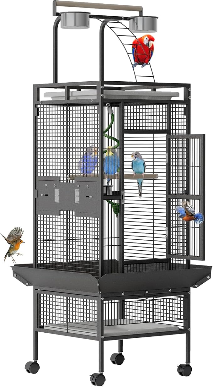Garveehome 60 Inch Wrought Iron Large Bird Cage with Play Top, Stand | Rolling Metal Black Parrot Cage with 4 Stainless Steel Bowls for African Grey Cockatiel Sun Parakeet Conure Lovebird Budgie by GarveeHome