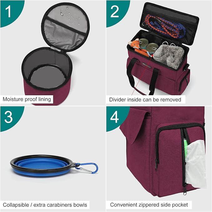 Modoker Weekend Dog Travel Bag with 2 Food Bags, 2 Bowls and Mat,Rose Red | Dog Travel Accessories Organizer for Camping and Road Trips with Roomy Storage, Multiple Pockets and Water-Resistant Oxford - Image 3