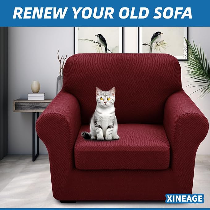 XINEAGE 2026 New 2 Pieces Chair Covers with Arms Super Stretch Chair Slipcover for Living Room Pet Dog Universal Slip Cover Anti Slip Armchair Furniture Protector (Wine Red), 31"-46"(1 Cushion) - Image 4
