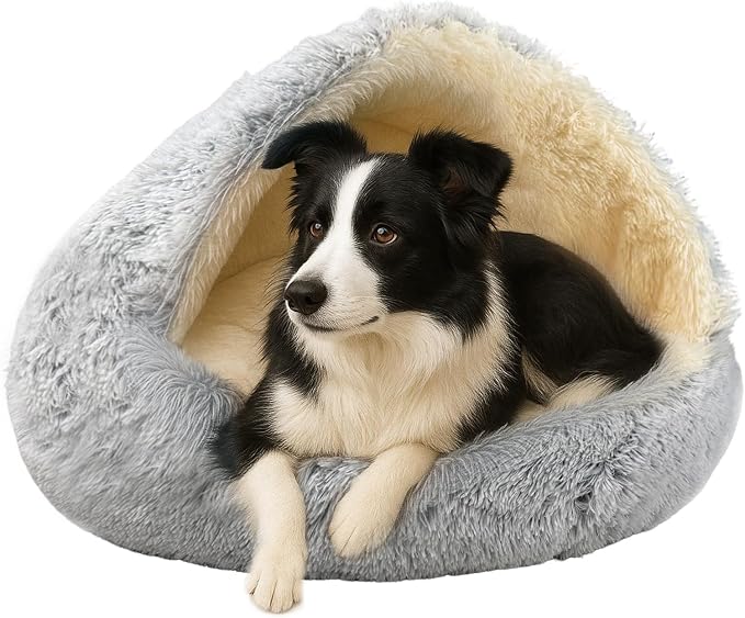 ShinHye Round Plush Fluffy Hooded Cat Bed Cave, Cozy for Indoor Cats or Small Dogs, Waterproof Bottom, Washable（30 in） by ShinHye