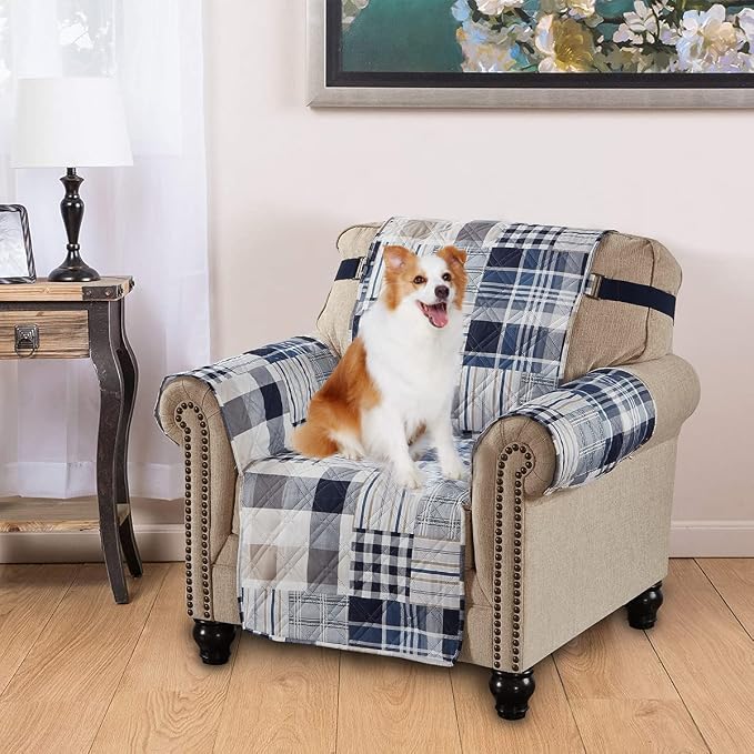 Brilliant Sunshine Blue Plaids & Stripes Couch Armchair Cover, 23" seat | Patchwork Design, Non Slip Sofa Cover, Quilted Furniture Protector, Washable Chair Slipcover for Pets, Dogs & Cats by BrilliantSunshine