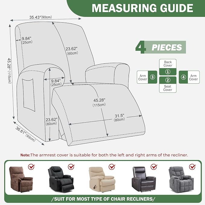 vctops Diamond Recliner Cover 4-Pieces Recliner Stretch Sofa Slipcover 1 Seater Couch Protector Soft Solid Furniture Protector Covers with Elastic Strap (Mo Green,1 Seat) - Image 2