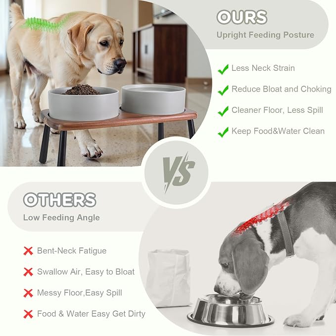 SPUNKYJUNKY Ceramic Elevated Dog Bowls Raised with Acacia Bamboo Wooden Stand, 8.3'' Dog Food Water Bowls Set Non-Slip for Medium Large Sized Breed Microwave Dishwasher Safe - 60 OZ,Grey - Image 3