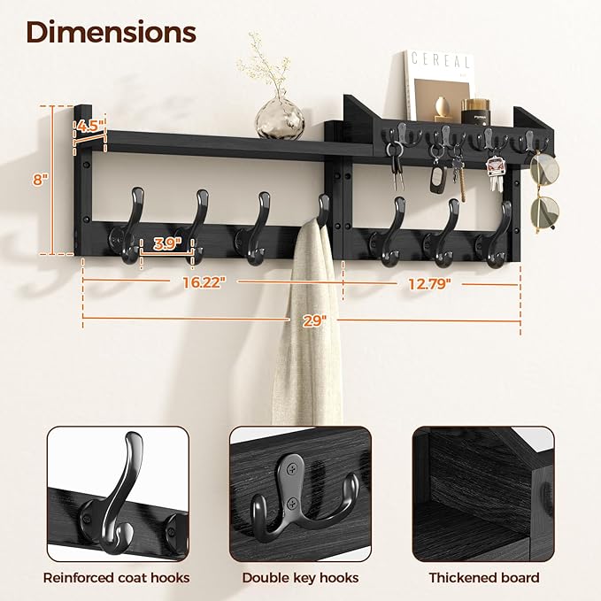 Evermagin 29" Coat Rack Wall Mount with Shelf & 11 Hooks, Entryway, Black | 4-in-1: coat hooks, key hanger, mail holder & display shelf. Pine wood. For bedroom, hallway, mudroom, livingroom - Image 2