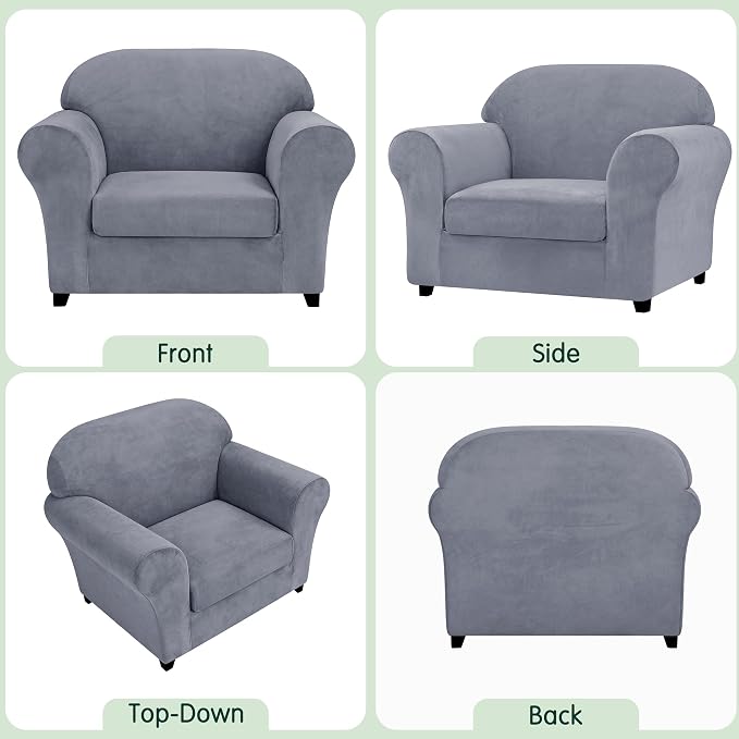 CHUN YI 2 Piece Velvet Armchair Cover Couch Covers 1 Cushion, Water Resistant Chair Slipcover with Arms, Non Slip High Stretch Thick Furniture Protector for Dogs Pets, Small, Grey - Image 6