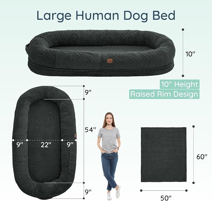 ChiXnuggle Orthopedic Human Dog Bed,with Faux Fur Washable Cover,Blanket | dark grey,72*40*10,giant dog bed for adult or extra large dogs,egg crate foam,non-slip bottom - Image 2