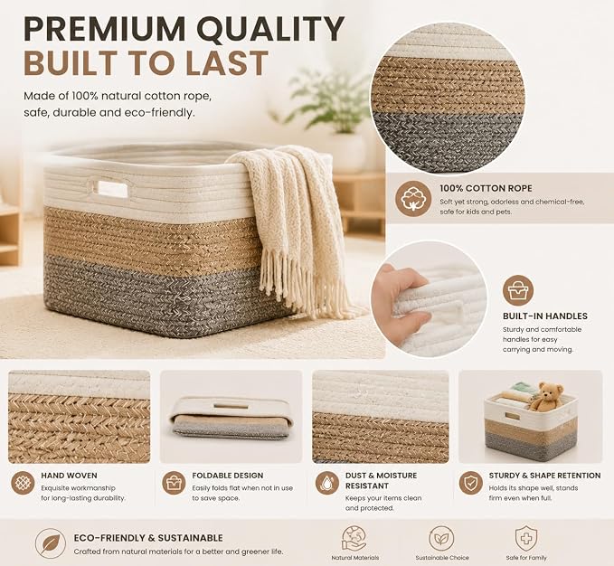 4 sets of hand-woven cotton rope storage boxes, suitable for toys, books, clothes, bathrooms, and car trunks used for organizing and decoration, Two 16x14x7 in and two 14x10x7 in - Image 5