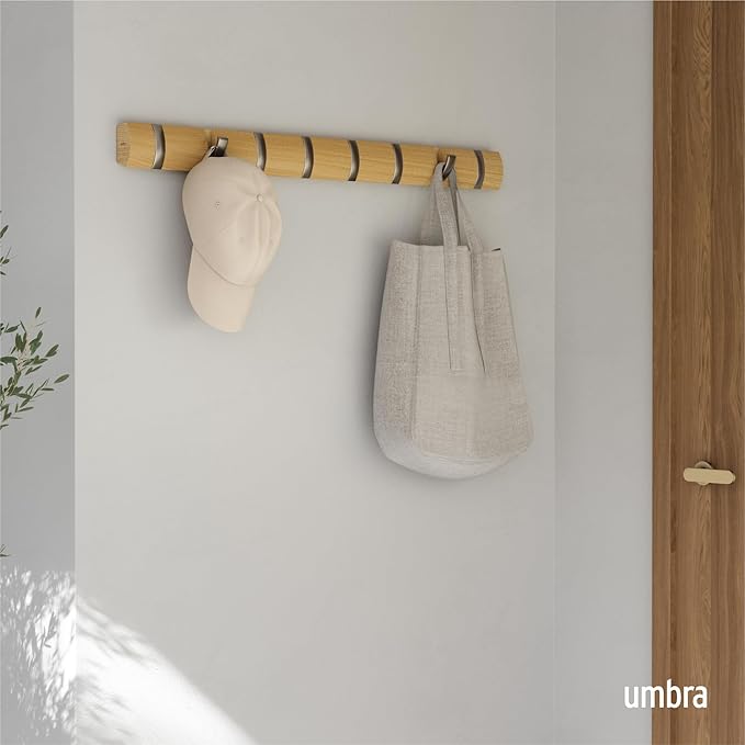 Umbra Flip Coat Rack, Wall Mount 8-Hook, Space Saving, Natural/Nickel | Real wood and steel build, retractable hooks fold flat, holds coats bags and scarves, easy install - Image 2