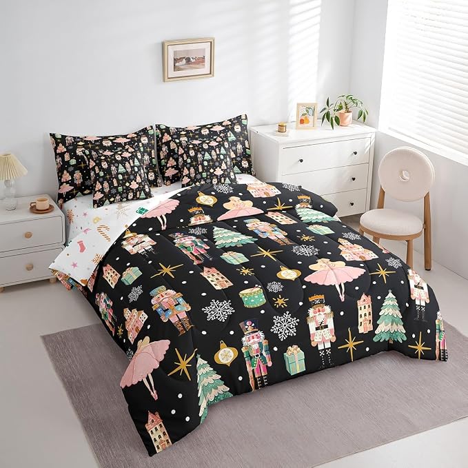 Erosebridal 7Pcs Black Christmas Comforter Set King Size,Nutcracker Bedding Set,Xmas Snowflake Stars Bed in A Bag,Romantic Princess Castle Quilt with Flat Fitted Sheet - Image 4