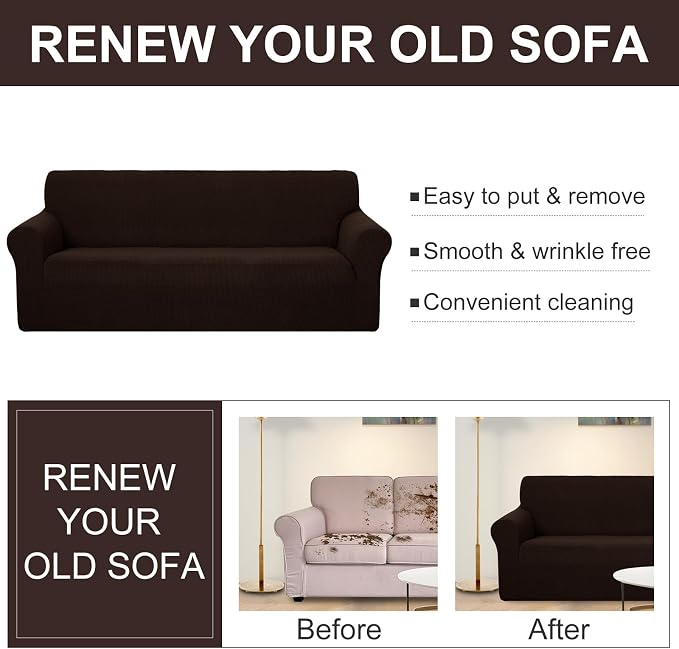 U-NICE HOME 4 Seater Stretch Couch Cover for 3 Cushion Sofa, Chocolate | 1-Piece Sofa cover, Washable, Pet friendly, Furniture protector, Polyester Spandex Jacquard fabric - Image 5