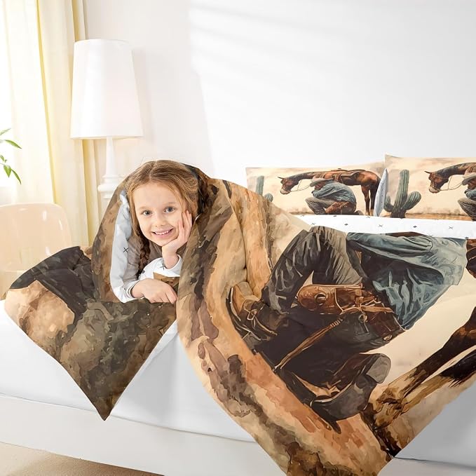 Manfei Western Horse Cowboy Comforter Sets Queen Size,Southwest Desert Cactus Bedding Comforter for Kids Boys,Rustic Farmhouse Style Quilt Sets for Bedroom Decor,Duvet Insert,2 Pillowcase,Beige Brown - Image 4