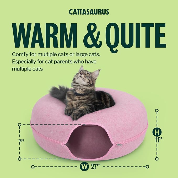 Cattasaurus Peekaboo Cat Cave Donut for Multiple & Large Cats up to 30-45 lbs, 3-in-1 Self Warming Cat Bed, Tunnel & Scratcher for Indoor Cats, Washable & Detachable Small Dog Bed (Pink, Jumbo) - Image 2