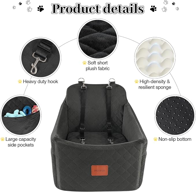 Small Dog Car Seat, Memory Foam Dog Booster Car Seats with Thick Cushion for Medium Dogs Under 35lbs, Detachable Washable Pet Seat with Storage Pockets,2 Safety Belts (Black, Medium) - Image 4