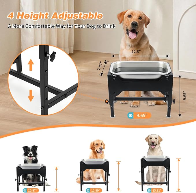 1.25 Gallon Elevated Dog Water Bowl, 4-Height Raised Stand | Stainless Steel Raised Bowl, 4 Heights 9.65-15.16 in, Non-Slip Feet, Small and Medium Dogs, Indoor Outdoor Use, Easy to Clean - Image 2
