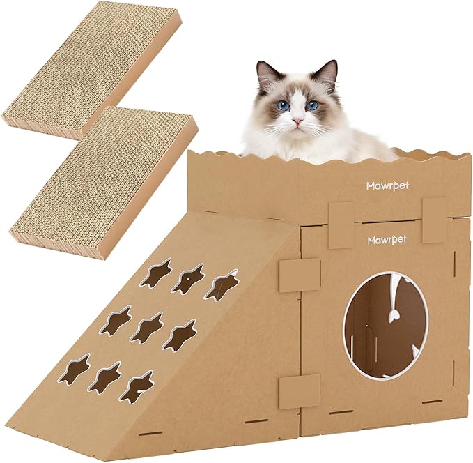 DIY Cardboard Cat House with Scratching Pad, Cat Tower Indoor Play House, Versatile Cardboard Cat Tunnel Box for One or More Pets, Indoor Use Rabbit Hideout Cave Castle Brown, 3 Parts by Mawrpet