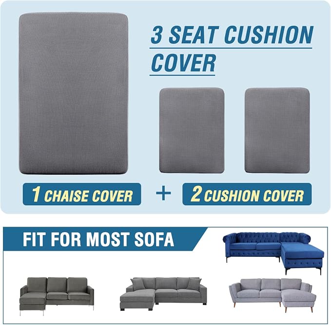 H.VERSAILTEX Sectional Couch Covers 3 Pieces Sofa Seat Cushion Covers L Shape Separate Cushion Couch Chaise Cover for Both Left/Right Sectional Couch (Seat Only: 1 Chaise + 2 Sofa, Dove) - Image 8