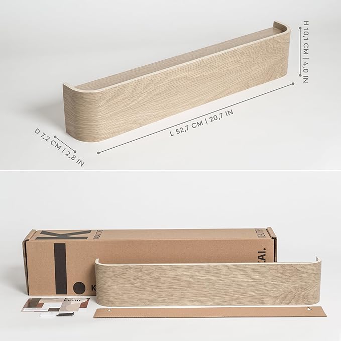 Kazai. Wall-Mounted Coat Rack 'Toke' - Modern Design Coat Rack with Hidden Wall Hooks - Solid Wood Veneer Panel Coat Hanger - Oak, White - Image 2