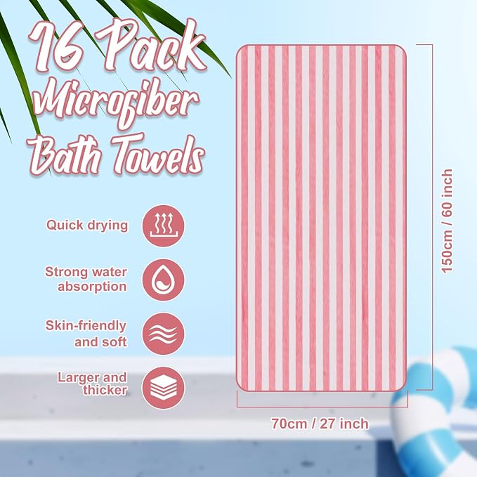 SmoothNovelty 16 Pack Microfiber Bath Towels Bulk 27'' x 60'' Oversized Size Bath Towel Highly Absorbent Extra Large Soft Drying for Beach Shower Summer Salon Sport Gym Party (Stripes,Pink) - Image 2