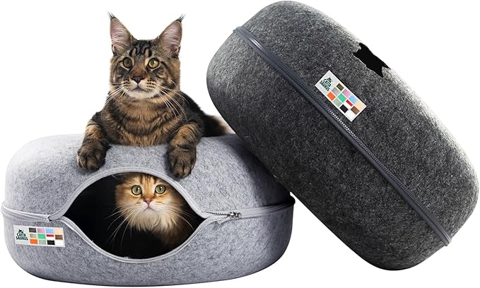 Cattasaurus Peekaboo Cat Cave Donut for Multiple & Large Cats up to 30-45 lbs, 3-in-1 Self Warming Cat Bed, Tunnel & Scratcher for Indoor Cats, Washable & Detachable (Light Gray + Dark Gray, Large) by Cattasaurus