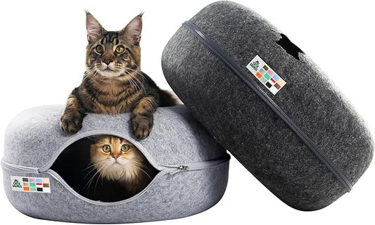 Cattasaurus Peekaboo Cat Cave Donut for Multiple & Large Cats up to 30-45 lbs, 3-in-1 Self Warming Cat Bed, Tunnel & Scratcher for Indoor Cats, Washable & Detachable (Light Gray + Dark Gray, Large) by Cattasaurus