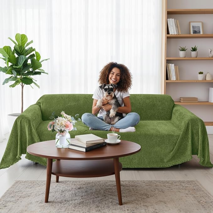Smiry Couch Cover for Dogs, Chenille Sofa Covers for 3 Cushion Couch | Washable Soft Sofa Slipcover for Pets, Thick Sectional Furniture Protector with Tassels (Green, 71x134 Inch) - Image 12
