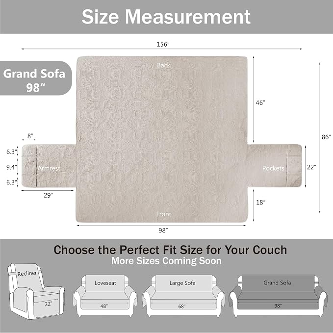 Quilted Grand Sofa Covers for 4 Cushion Couch, Couch Cover for Grand Sofa Washable, Soft Cozy Couch Protector, Oversized Grand Sofa Slipcovers Water-Repellent (Grand Sofa 98", Beige Cream) - Image 7