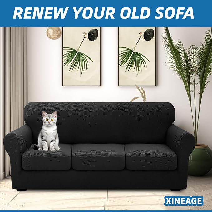 XINEAGE 2026 New 4 Pieces Extra Large Couch Covers for 3 Cushion Sofa Super Stretch Sofa Cover for 3 Large Seat Cushion Universal Fitted Slip Cover for Living Room (Black), 91"-110"(3 Cushions) - Image 4