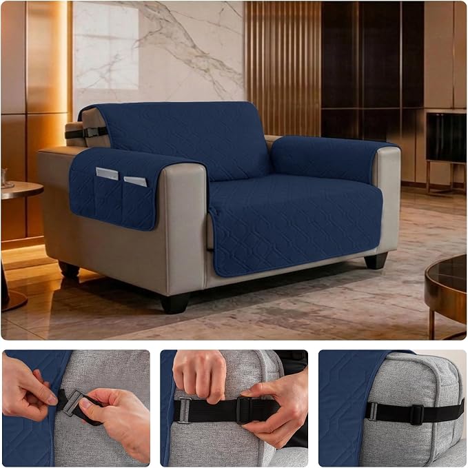 100% Waterproof Quilted Couch Cover,Straps&Pockets,46" Navyblue | Washable sofa cover, pet-friendly, scratch-resistant furniture protector, quilted sofa cover, reversible, non-slip backing. - Image 6