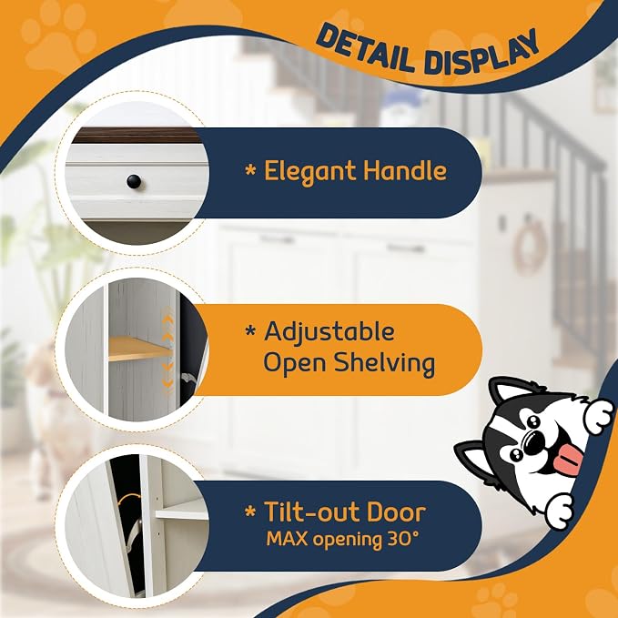 Double Tilt Out Trash Can Cabinet with Dog Bowl, 10 Gallons Dog Food Storage Cabinet, Hidden Trash Can Cabinet with Hideaway Drawer for Kitchen, Living Room (White Grain, Double Door) - Image 4