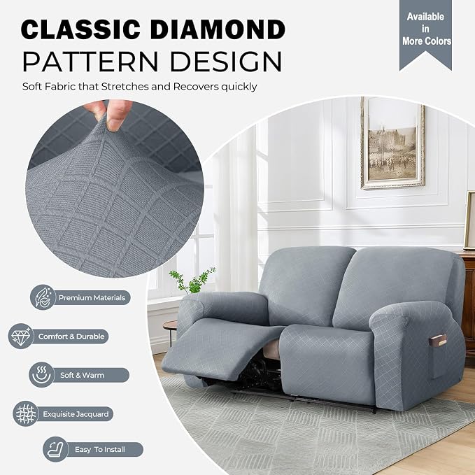 vctops Diamond Recliner Loveseat Slipcover 6-Pieces Stretch Dual Recliner Sofa Covers for 2 Seat Dual Reclining Loveseat Couch Soft Solid Furniture Protector (Light Grey,2 Seat) - Image 3