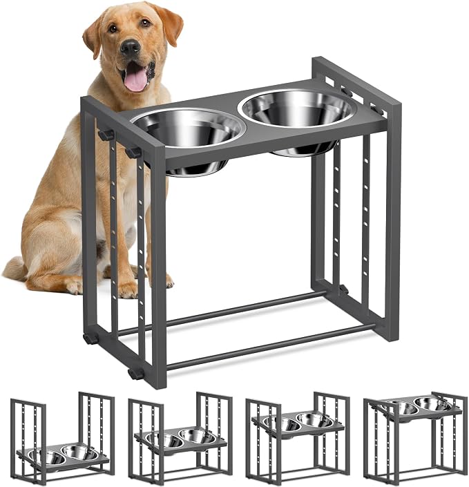 Elevated Dog Bowl for Medium Breed, 4 Height Adjustable Raised Feeder, Grey | Adjustable Height at 15°Tilted Angle, Lightweight, Nonslip, All-Iron Structure, Stainless Steel bowls, Easy Assembly Cleaning by Pawtners