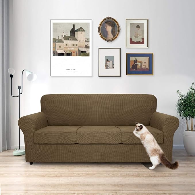 MAXIJIN 4 Piece Couch Covers for 3 Cushion Couch Super Stretch Sofa Cover for Dogs Pet Proof Fitted Furniture Protector Spandex Jacquard Non Slip Magic Couch Slipcover Washable (Large, Brown) - Image 2