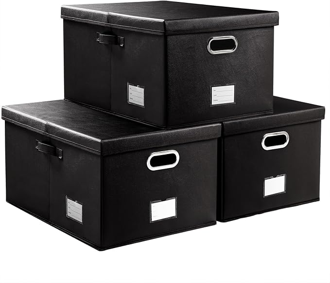 PRANDOM Collapsible Storage Box with Lid [3-Pack] Leather Fabric Foldable Storage Bin Organizer Container Basket Cube with Cover for Home Bedroom Closet Office Nursery Black(22.8X15.7X11.8) by Prandom