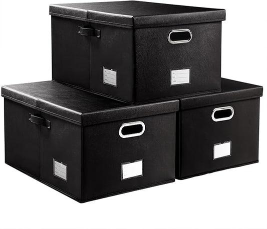 PRANDOM Collapsible Storage Box with Lid [3-Pack] Leather Fabric Foldable Storage Bin Organizer Container Basket Cube with Cover for Home Bedroom Closet Office Nursery Black(22.8X15.7X11.8) by Prandom