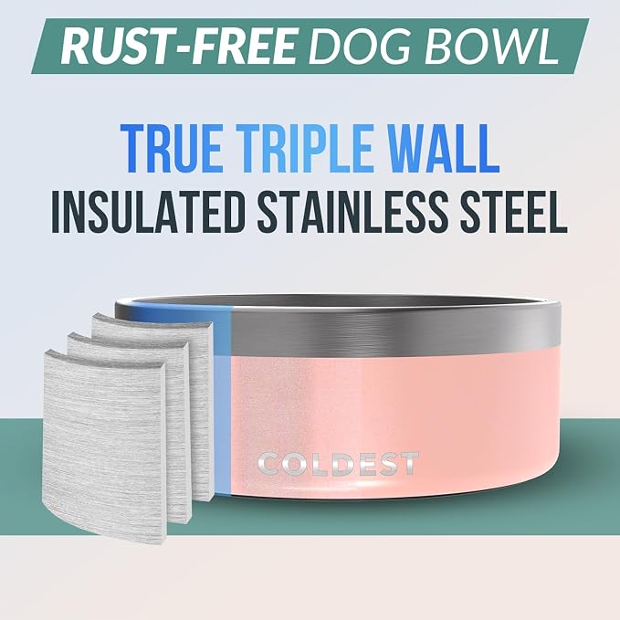 Coldest Dog Bowl - Anti Rust Metal, Non Slip, 3 Layers Insulated Stainless Steel Dog Bowls - Spill Proof & Heavy Duty - Water Bowl for Dogs, Cats & Pets, Dish Washer Safe (64 oz, Forever Pink Glitter) - Image 3