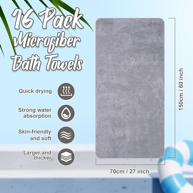 SmoothNovelty 16 Pack Microfiber Bath Towels Bulk 27'' x 60'' Oversized Size Bath Towel Highly Absorbent Extra Large Soft Drying for Beach Shower Summer Salon Sport Gym Party (Stripe,Grey) - Image 2