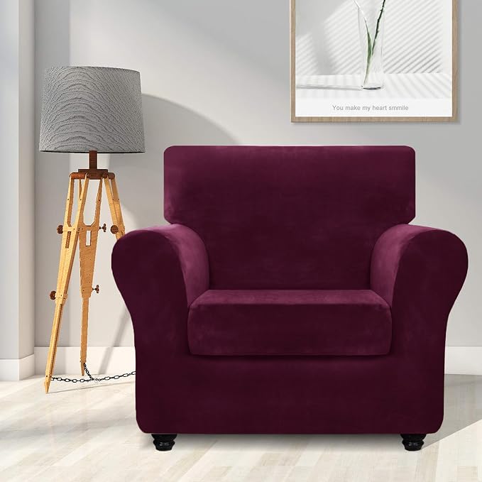 ZNSAYOTX Luxury Velvet Chair Slipcovers with Arm 2 Piece Stretch Chair Covers for Living Room Thick Soft Armchair Slipcover Anti Slip Dog Pet Friendly Furniture Protector (Wine Red),30"-47"(1 CUSHION) - Image 2