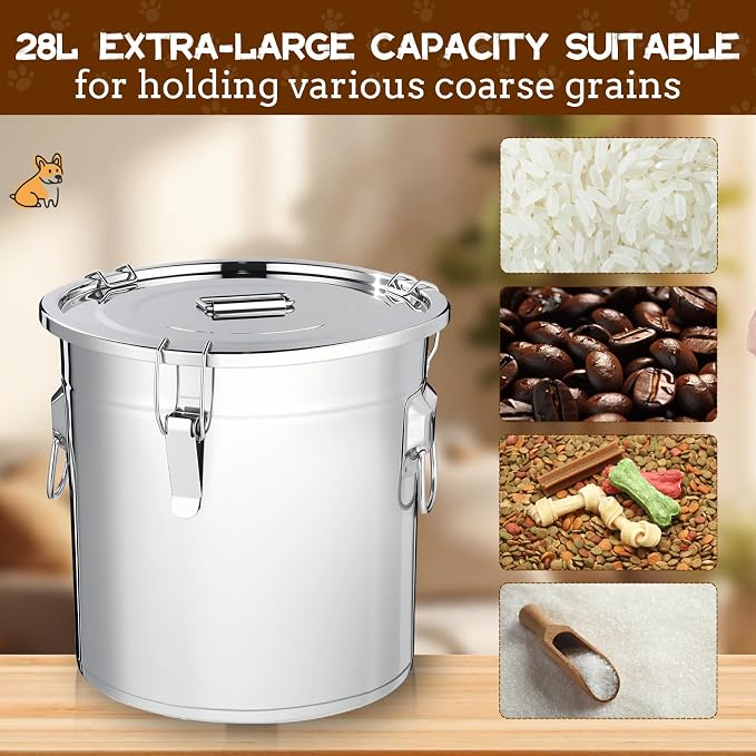 Lounsweer 2 Pack 5.5 Gal Stainless Steel Dog Food Storage Container with Lid and Locking Clamp 21 L Metal Airtight Container Large Stainless Steel Bucket with Food Scoop for Pet Feed - Image 7
