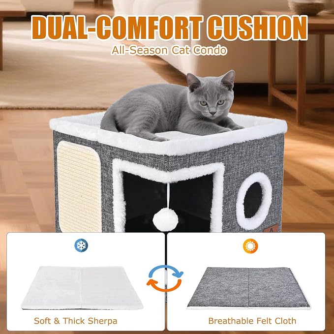 Cat Beds for Indoor Cats - Foldable Cat Hideaway with Hanging Fluffy Ball and Scratch Pad, Large Cat Bed Cave with Reversible Cushion for Multi Small Pet Kitten, Grey - Image 5