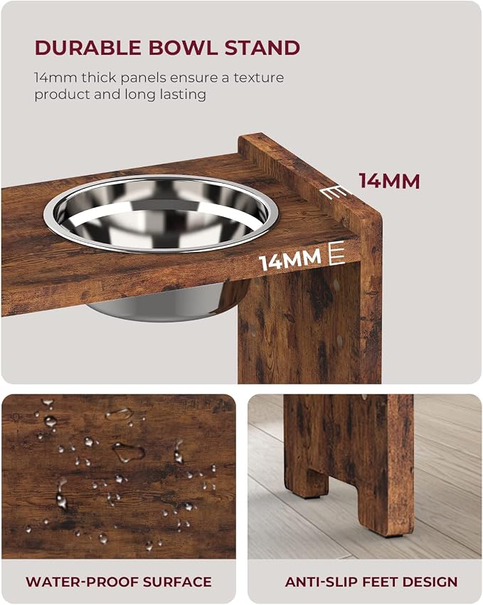 Vantic Elevated Dog Bowls, Raised Bowl Stand Adjustable Small, Rustic Brown | Particle Board Raised Feeder with 2 Stainless Steel Bowls, Adjustable Height for Small Puppies and Cats - Image 5