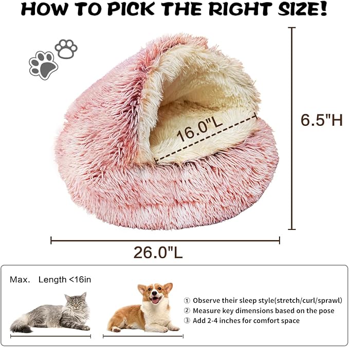 ShinHye Cat Bed Round Plush Fluffy Hooded Cat Bed Cave, Cozy for Indoor Cats or Small Dog beds, Soothing Pet Beds Doughnut Calm Anti-nxiety Dog Bed - Waterproof Bottom Washable (26×26inch, Pink) - Image 2