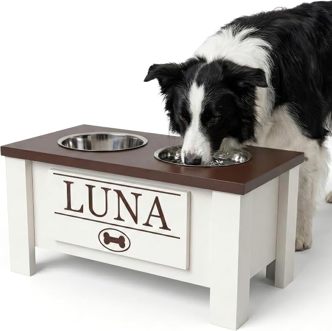 Elevated Dog Bowls, Personalized Raised Dog Bowl Stand for Medium Dogs | Farmhouse Style, Elevated Wood Stand, Storage Container, Stainless Steel Bowls, Raised Anti-Slip Feeder, Made in USA by GrooveThisWoodshop