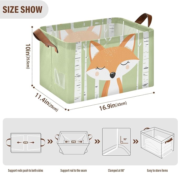 Woodland Cute Cartoon Fox Baby Storage Basket with Labels&Handles Forest Animal Fox Nursery Storage Bins Collapsible Shelf Organizer Baskets for Kids Books Cloth Gift Basket Toys Laundry - Image 7