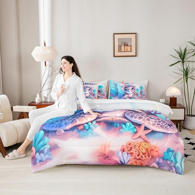 Erosebridal Kids Cute Turtle Comforter Set with Sheets Twin Size, Ocean Life Tortoise Bed in A Bag, Underwater World Sea Animal 7 Pieces Bedding Set, Watercolour Coral Bedding Comforter Sets - Image 6