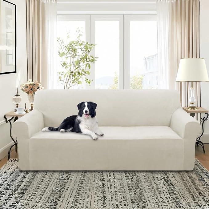 U-NICE HOME Velvet Sofa Covers Stretch Couch Covers for 3 Cushion Couch Furniture Protector Sofa Slipcover (XL Large, Beige) - Image 2