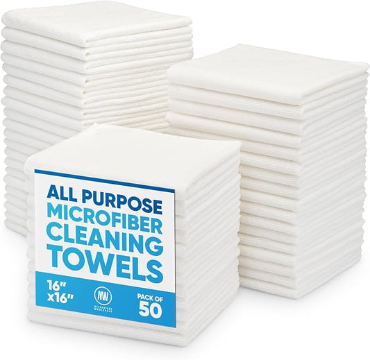 Microfiber Wholesale White Microfiber Cleaning Cloths, 50 Pack 16x16 – Absorbent All-Purpose Kitchen & Household Towels – Reusable, Machine-Washable Wash Cloths for Glass, Counters, Bath & Cleaning by MicrofiberWholesale