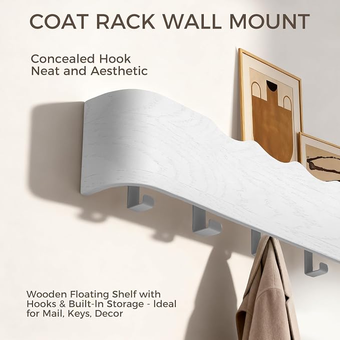 Coat Rack Wall Mount with Shelf Entryway Shelf Modern Key Holder Hanger Wall Shelves with Hidden Hooks for Hanging Towels Coats Hats Bags for Hallway Bathroom Bedroom (Wavy White, 8 Hooks) - Image 4