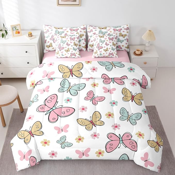 Feelyou Cute Butterfly 7 Piece Bedding Set Kawaii Flower Comforter Set with Sheets for Kids Boys Girls Pink Blue Yellow Bed in a Bag Nutrue Theme Bed Set Soft Lightweight by Feelyou